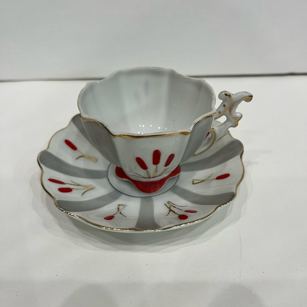 Elegant Red and Gray Espresso Cup and Saucer Set